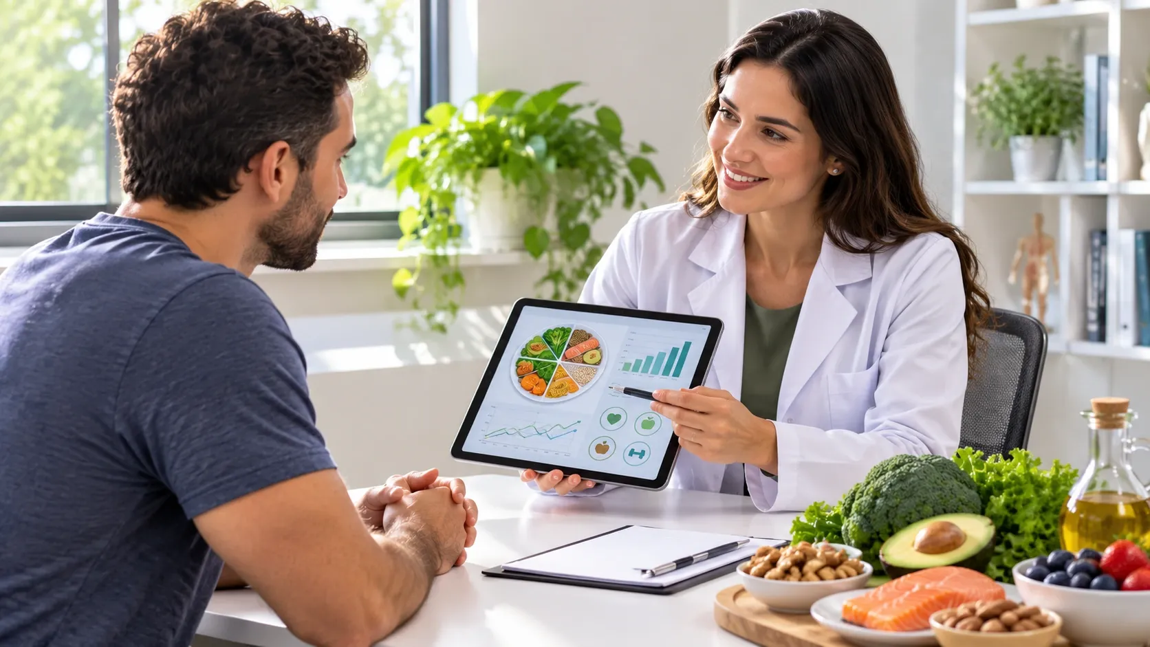 Profissional de nutrição conversando com uma pessoa diante de alimentos típicos do padrão DASH.