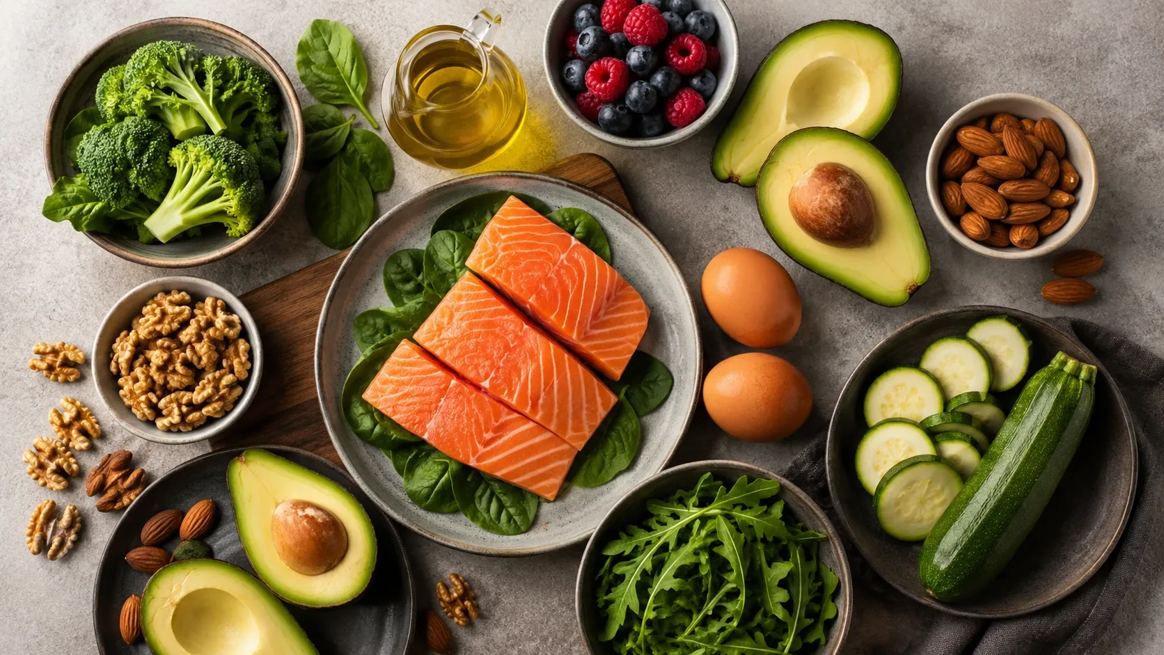 Mesa com frutas, vegetais, cereais integrais, leguminosas, oleaginosas, iogurte e peixe representando a alimentação DASH.