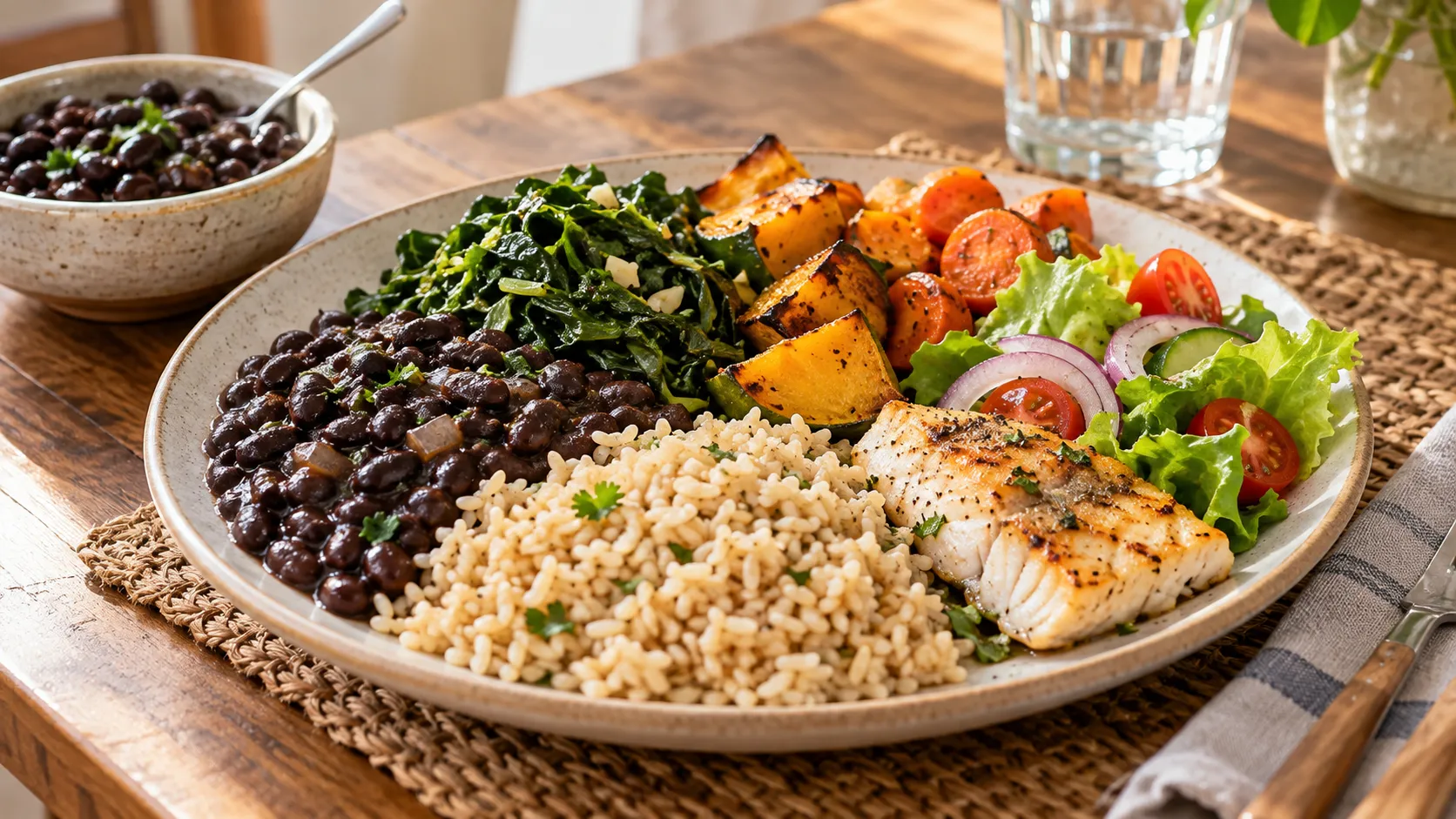 Refeição inspirada na culinária brasileira com arroz, feijão, verduras, legumes e pequena porção de proteína animal.