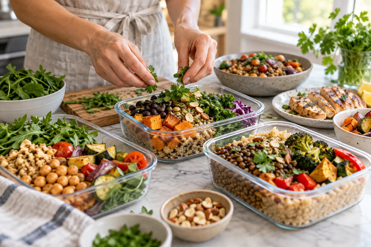 Preparação de refeições flexitarianas variadas com leguminosas, cereais e vegetais.