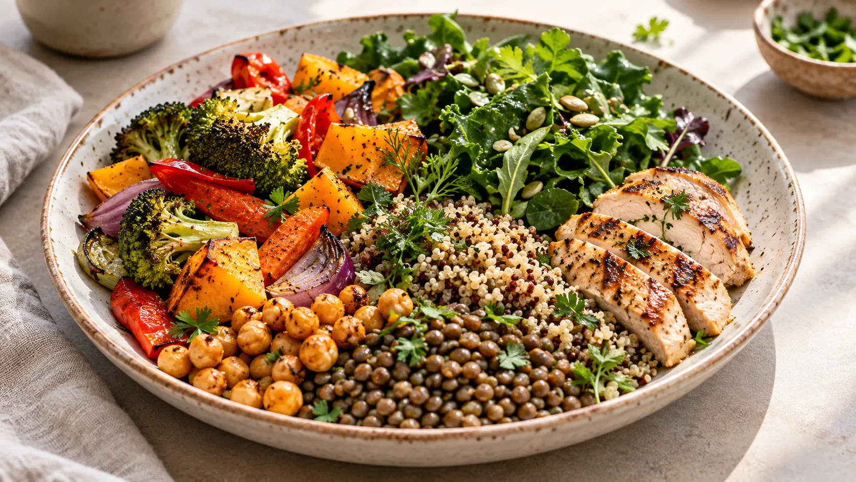 Prato colorido com vegetais, leguminosas, cereais integrais e pequena porção de alimento de origem animal, representando uma alimentação flexitariana.