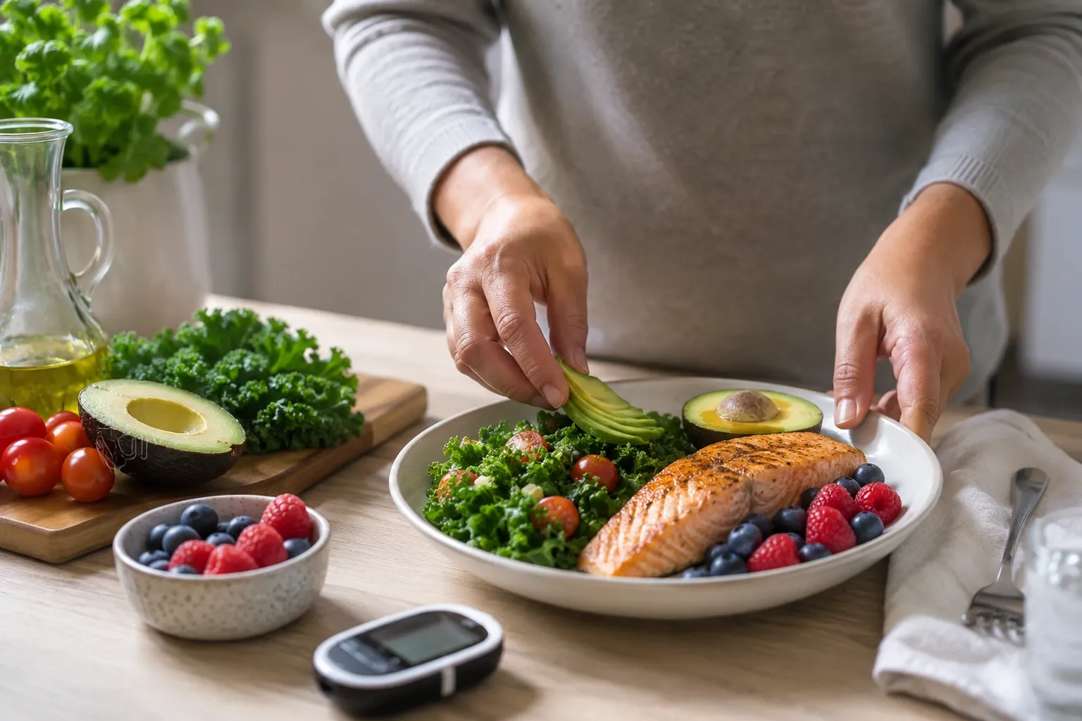 Comparação visual entre uma alimentação low carb baseada em alimentos frescos e outra com maior presença de carnes processadas e gorduras saturadas.