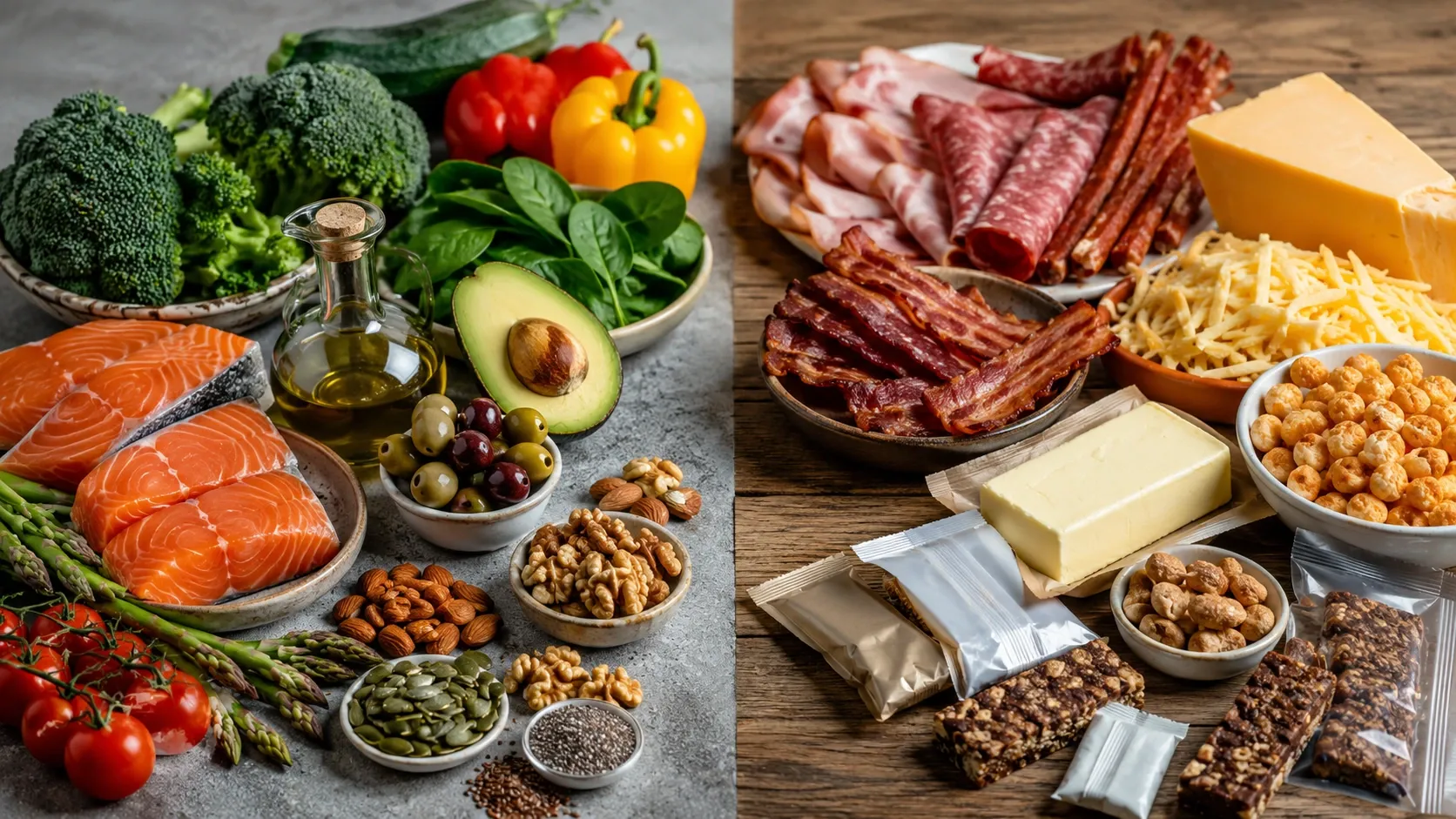 Duas refeições saudáveis lado a lado, uma com menos carboidratos e outra com maior presença de leguminosas e cereais integrais.