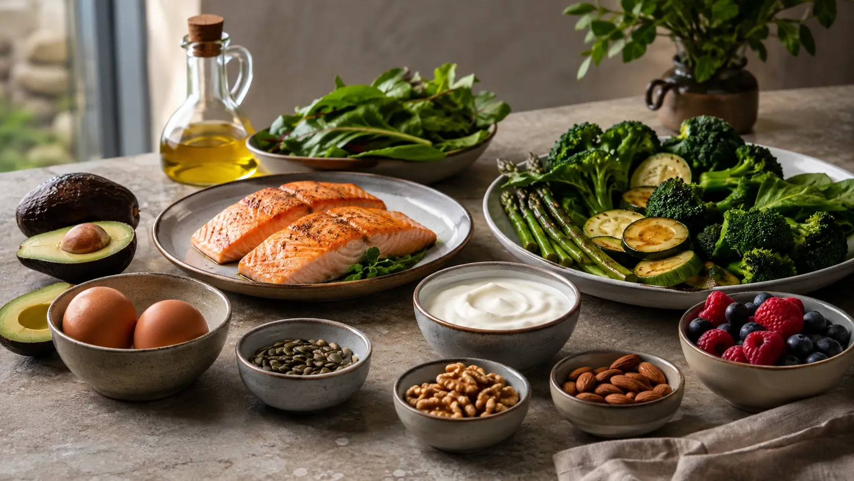 Mesa com vegetais, ovos, peixe, abacate, castanhas, frutas vermelhas e azeite representando uma alimentação low carb baseada em alimentos minimamente processados.