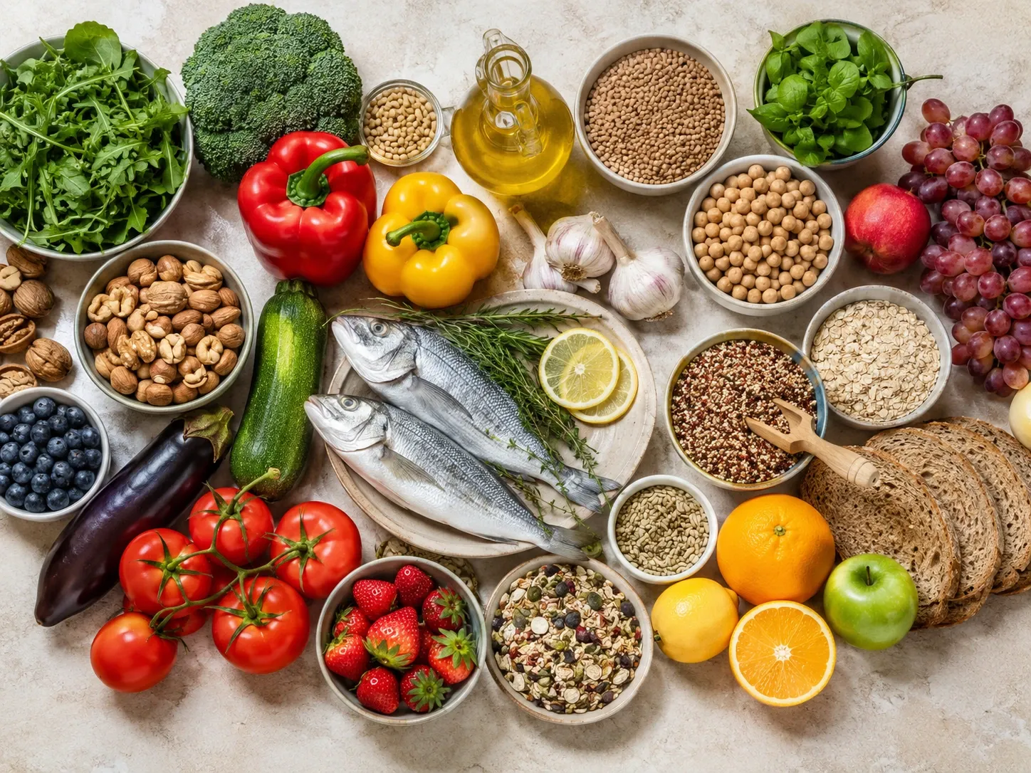 Principais grupos alimentares da dieta mediterrânea organizados sobre uma bancada clara.