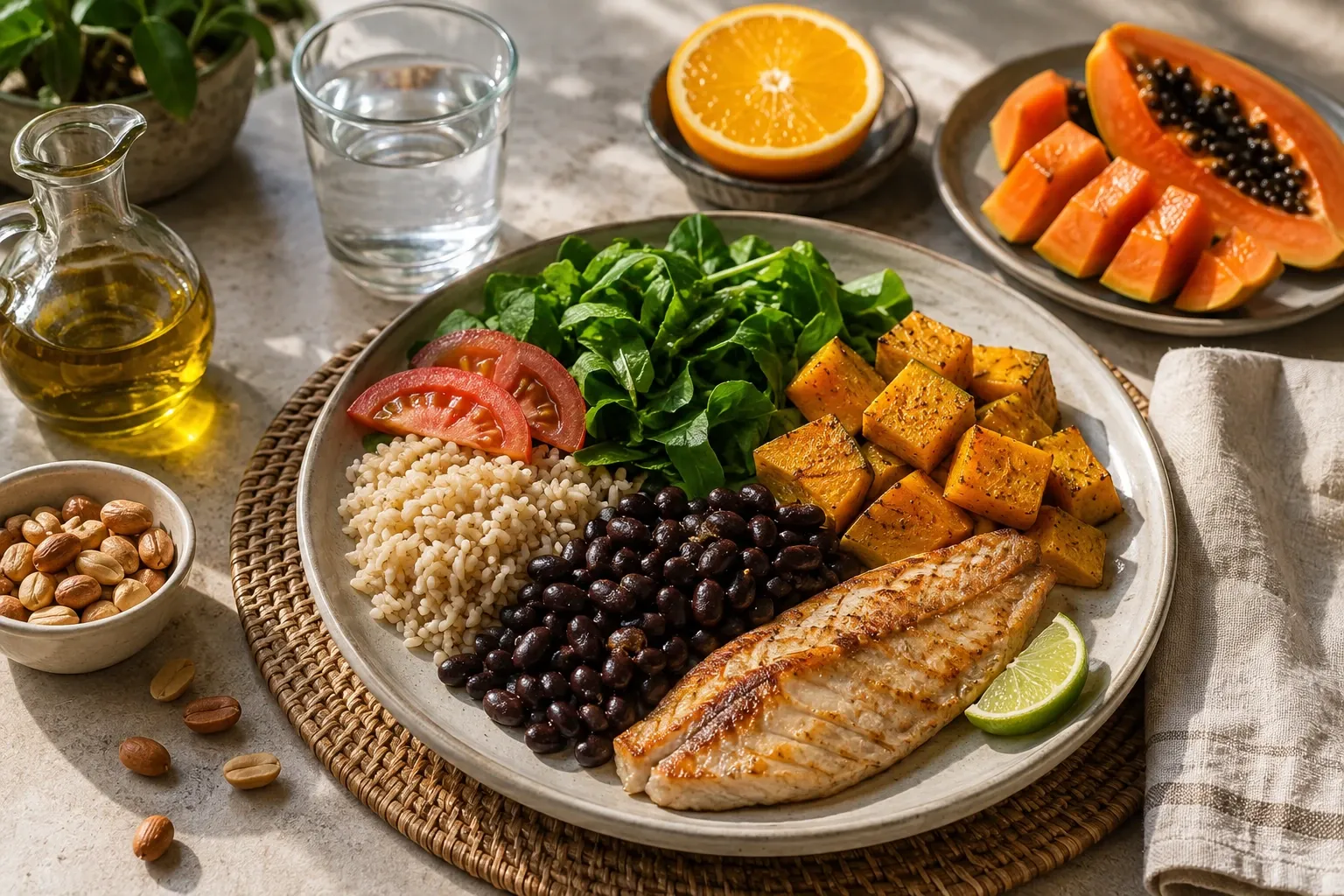 Refeição inspirada na dieta mediterrânea preparada com feijão, arroz integral, verduras, peixe e frutas comuns no Brasil.