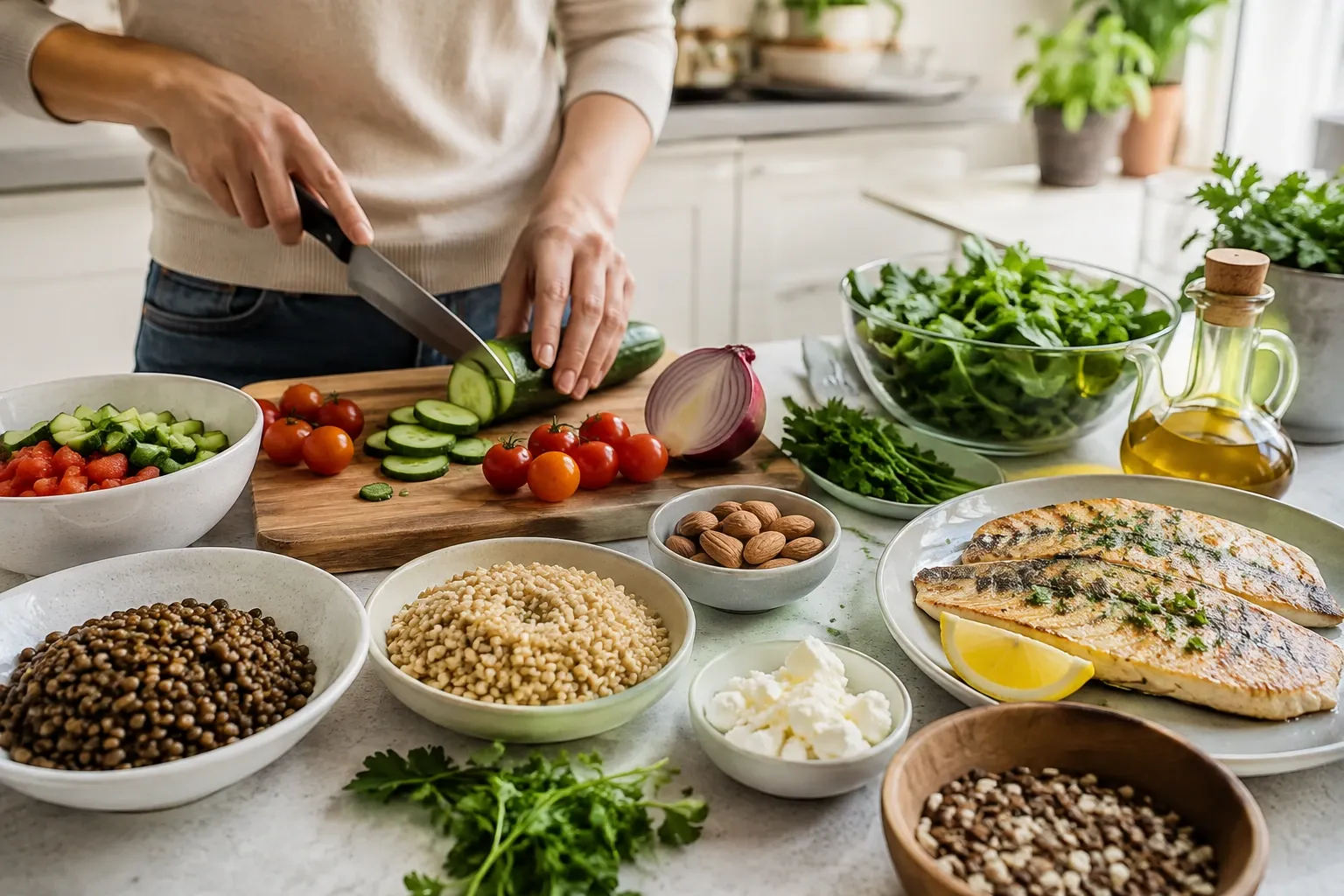 Pessoa preparando uma refeição com vegetais, leguminosas, grãos integrais, ervas e azeite.