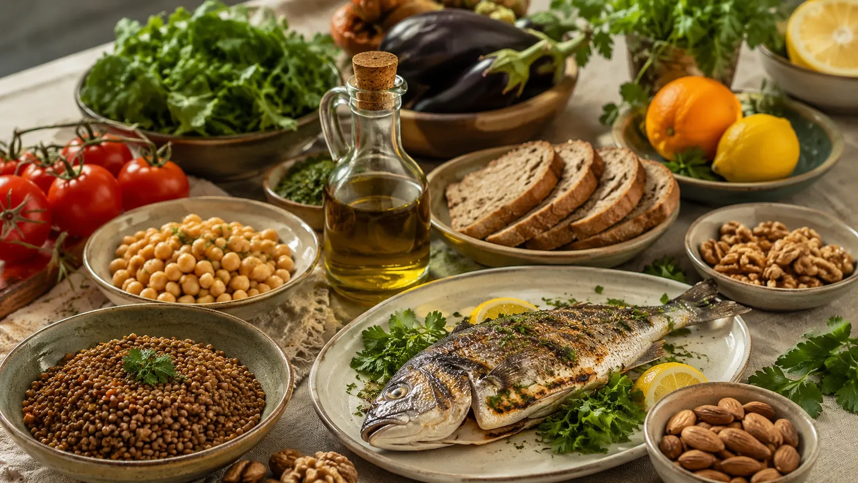Mesa com vegetais, frutas, leguminosas, pão integral, peixe, nozes e azeite representando o padrão alimentar mediterrâneo.