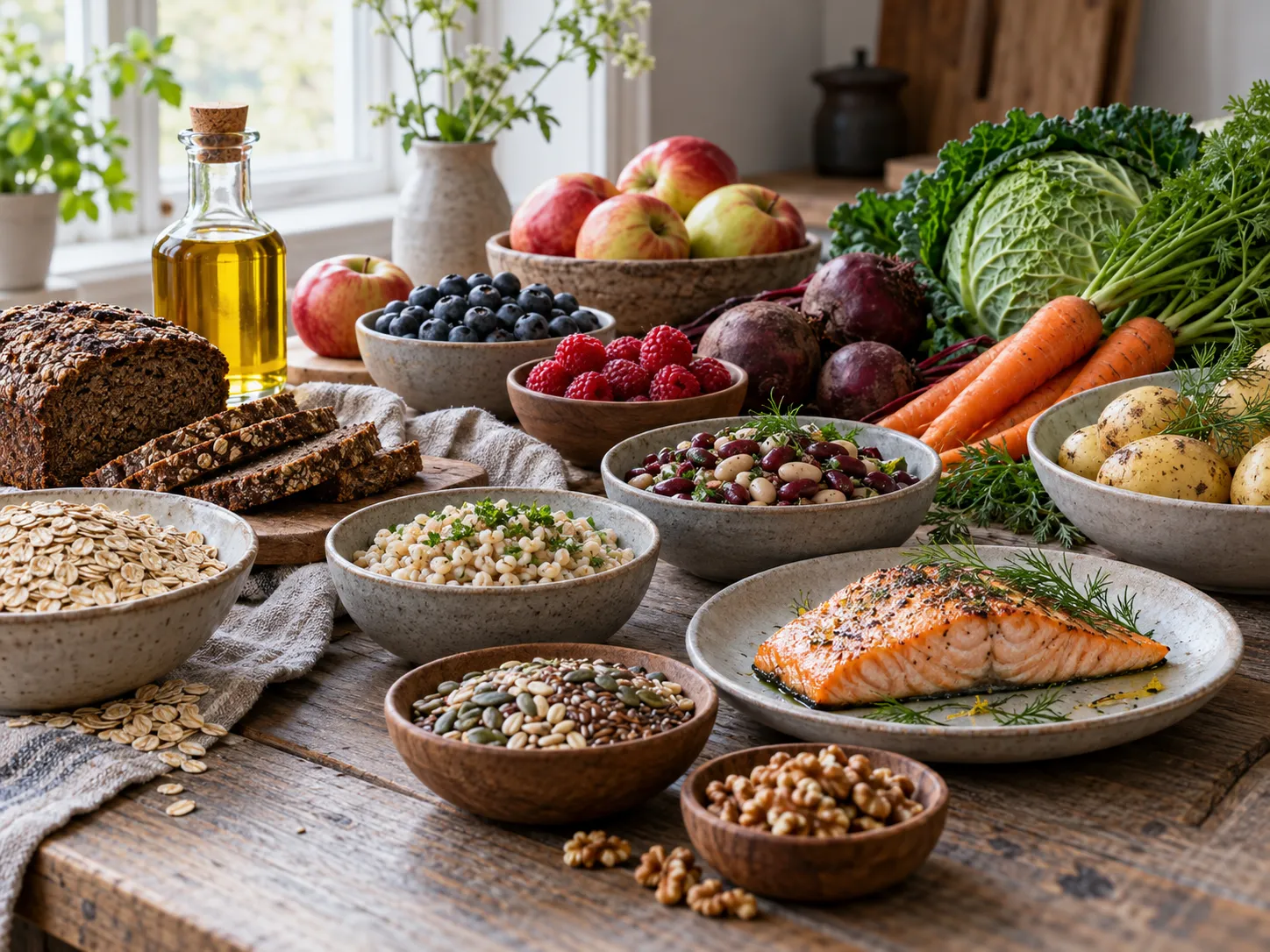 Seleção de alimentos da dieta nórdica, incluindo peixe, frutas vermelhas, aveia, centeio, vegetais de raiz e oleaginosas.