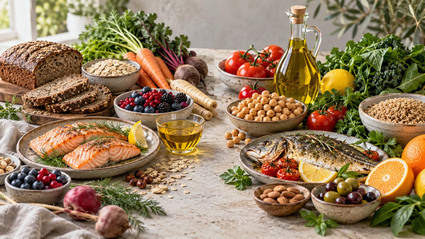 Alimentos das dietas nórdica e mediterrânea organizados lado a lado para destacar suas semelhanças.