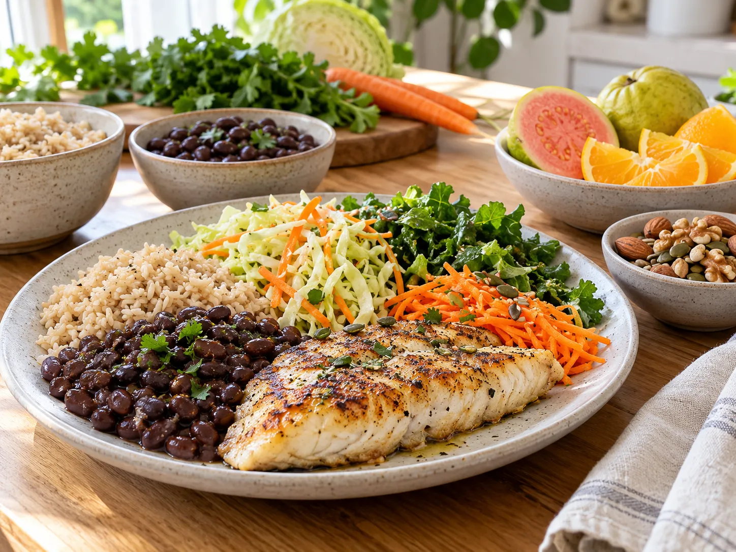 Refeição inspirada na dieta nórdica com peixe, feijão, cereais integrais, verduras, legumes e oleaginosas.