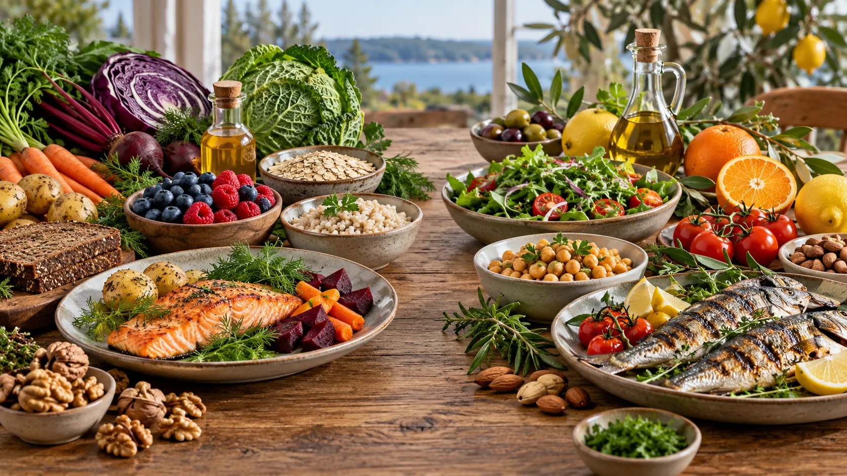Mesa com alimentos típicos das dietas nórdica e mediterrânea, incluindo peixes, vegetais, grãos integrais, frutas e óleos vegetais.