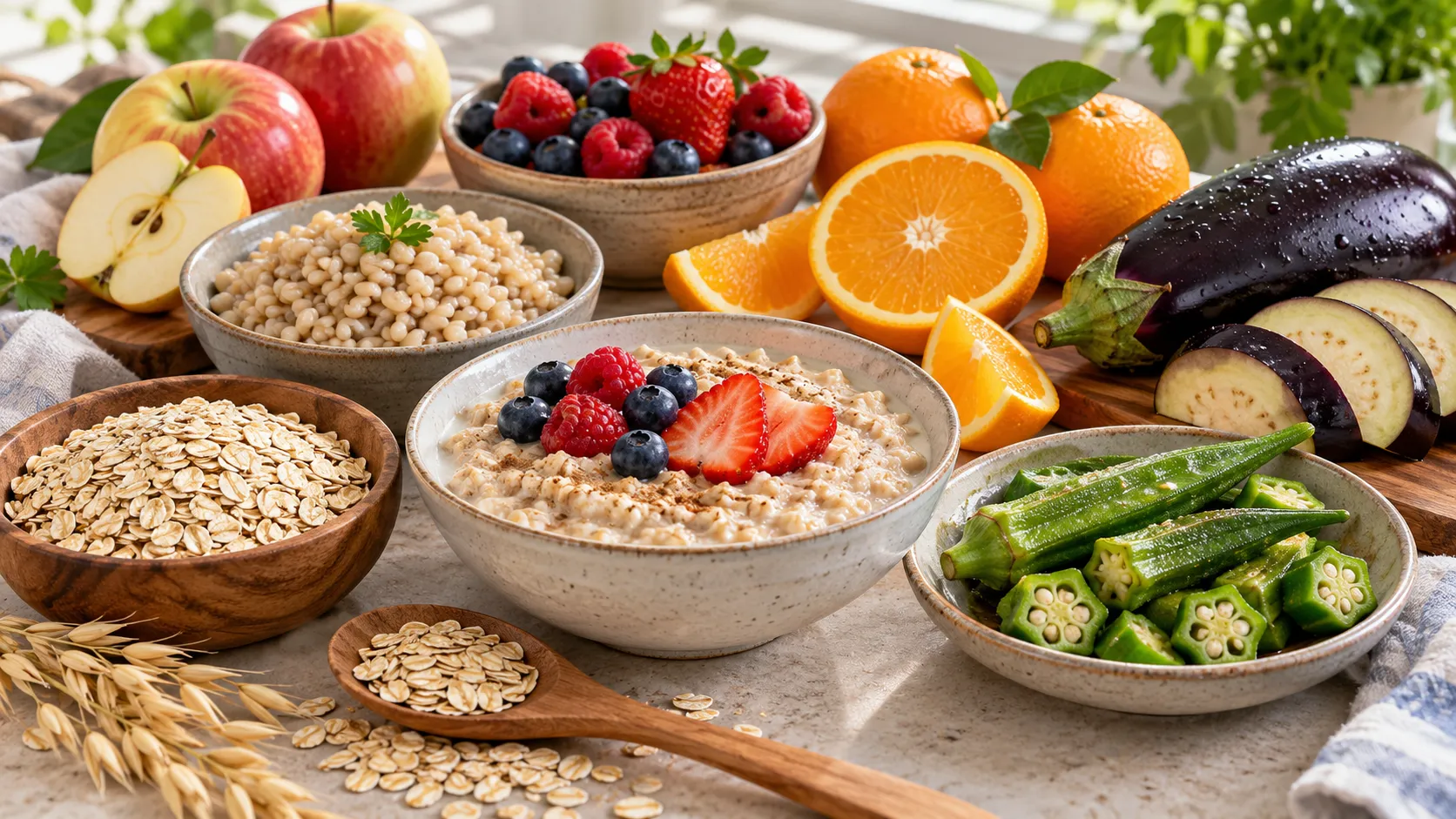 Aveia, cevada, maçãs, frutas cítricas, frutas vermelhas, berinjela e quiabo representando fontes de fibras viscosas.