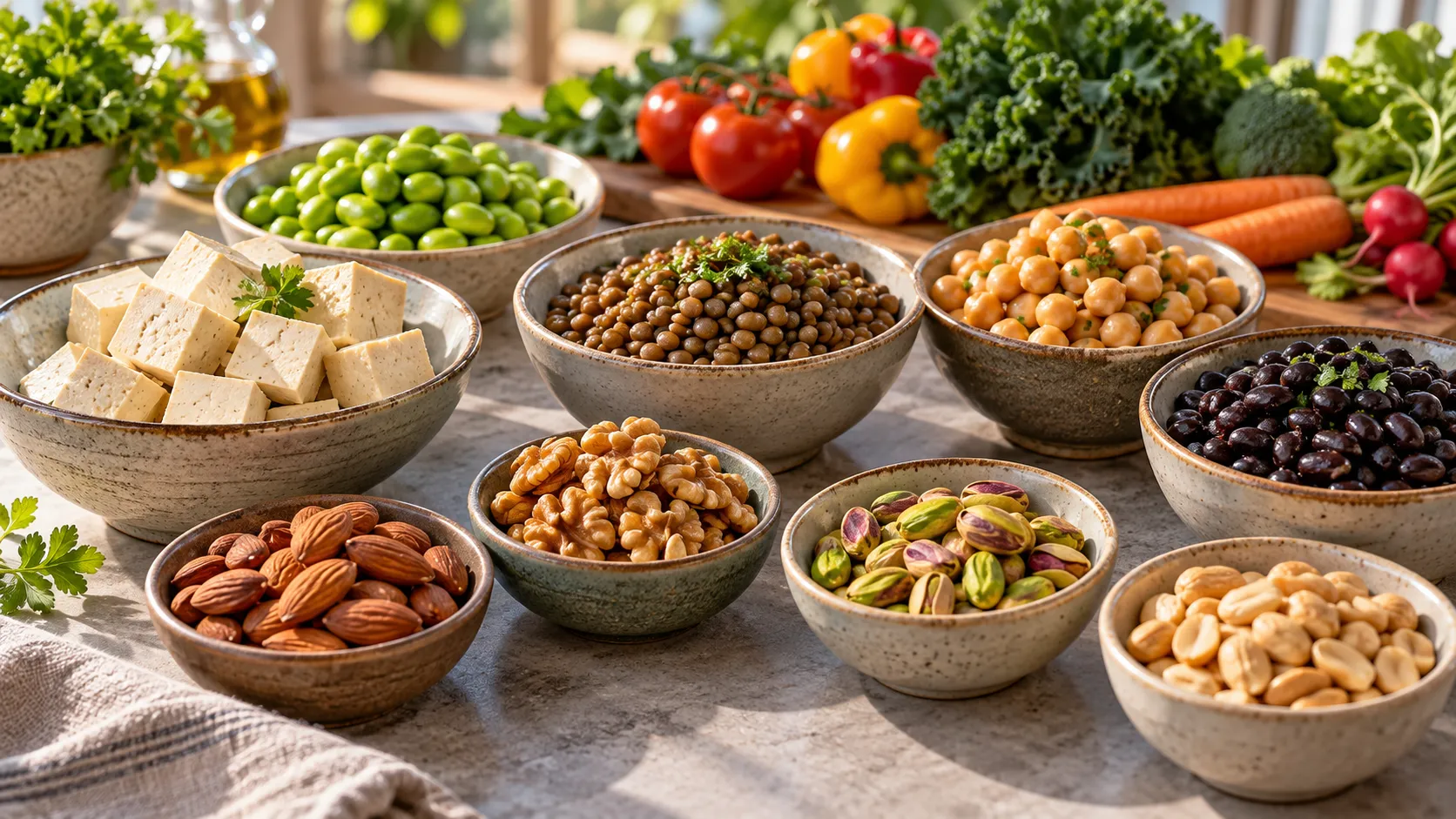 Tofu, edamame, lentilhas, grão-de-bico, feijões e diferentes oleaginosas dispostos em tigelas.