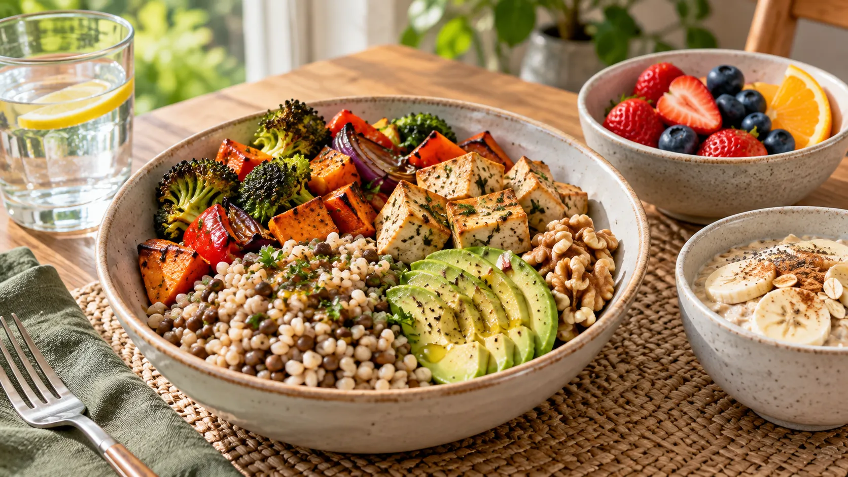 Refeição à base de cevada, lentilhas, tofu, vegetais, abacate, nozes e azeite inspirada na Dieta Portfolio.