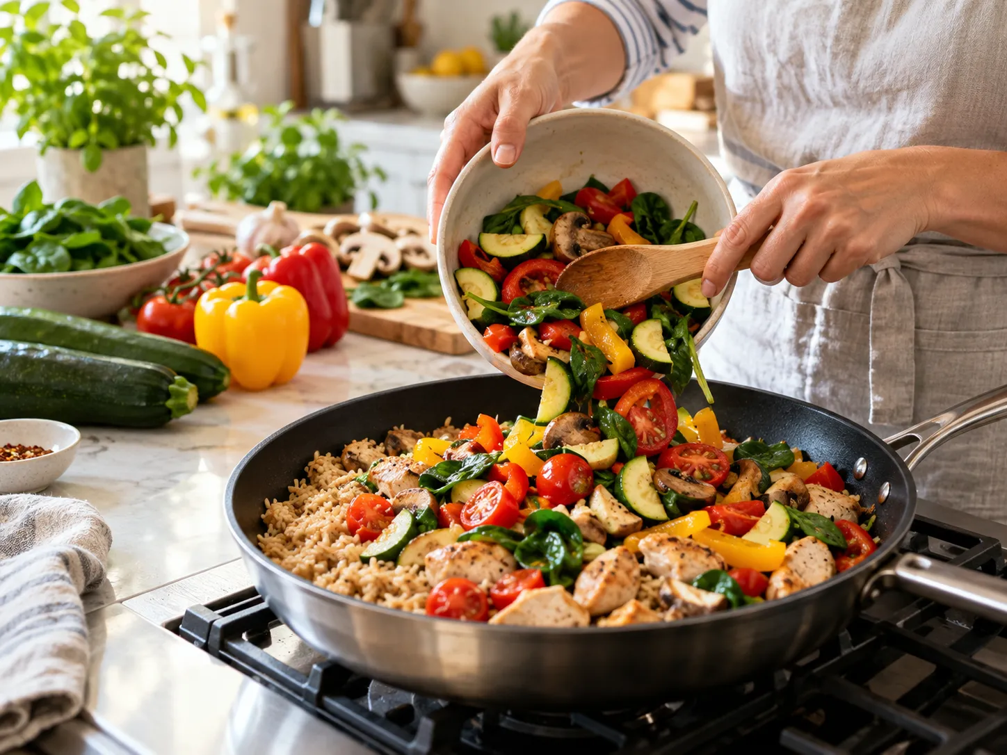 Preparação caseira recebendo grande quantidade de vegetais para aumentar o volume da refeição.