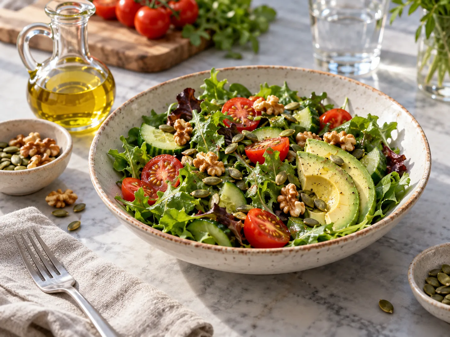 Salada com pequenas porções de azeite, abacate, castanhas e sementes como fontes nutritivas de maior densidade energética.