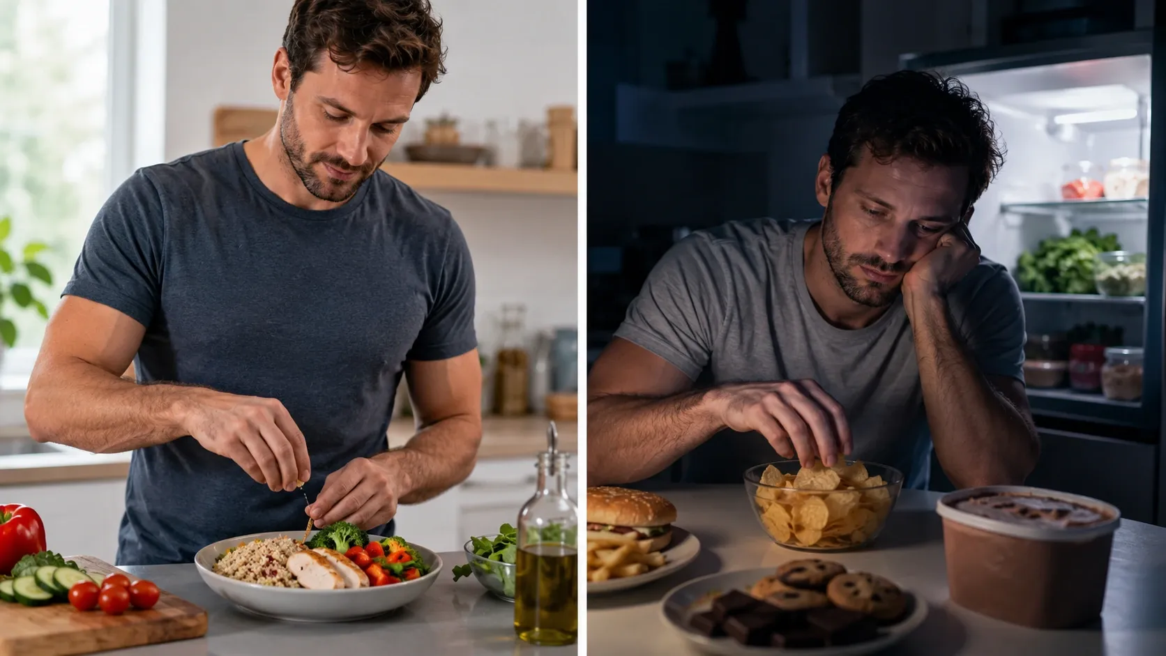 Comparação visual entre uma pessoa descansada preparando uma refeição equilibrada e a mesma pessoa cansada diante de lanches à noite.