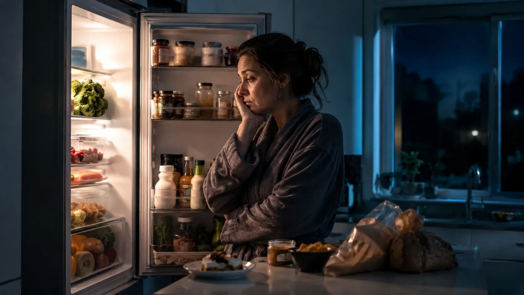 Pessoa acordada à noite diante de alimentos na cozinha, representando a relação entre sono insuficiente, apetite e alimentação.