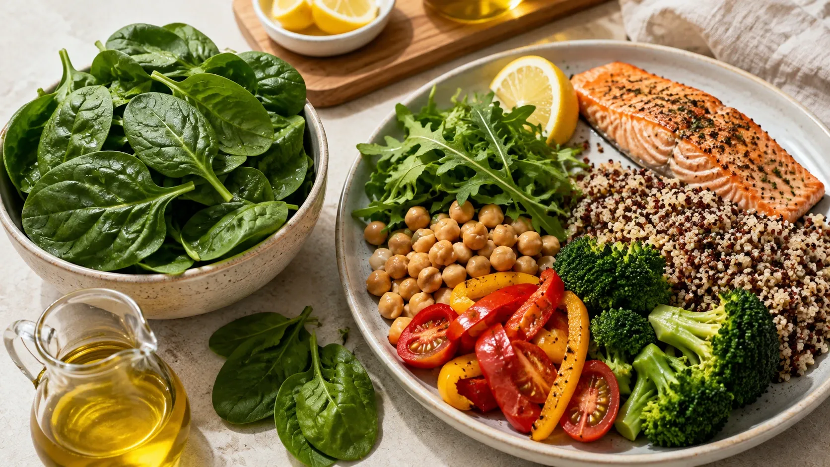 Espinafre acompanhado de vegetais coloridos, frutas cítricas e azeite em uma refeição equilibrada.