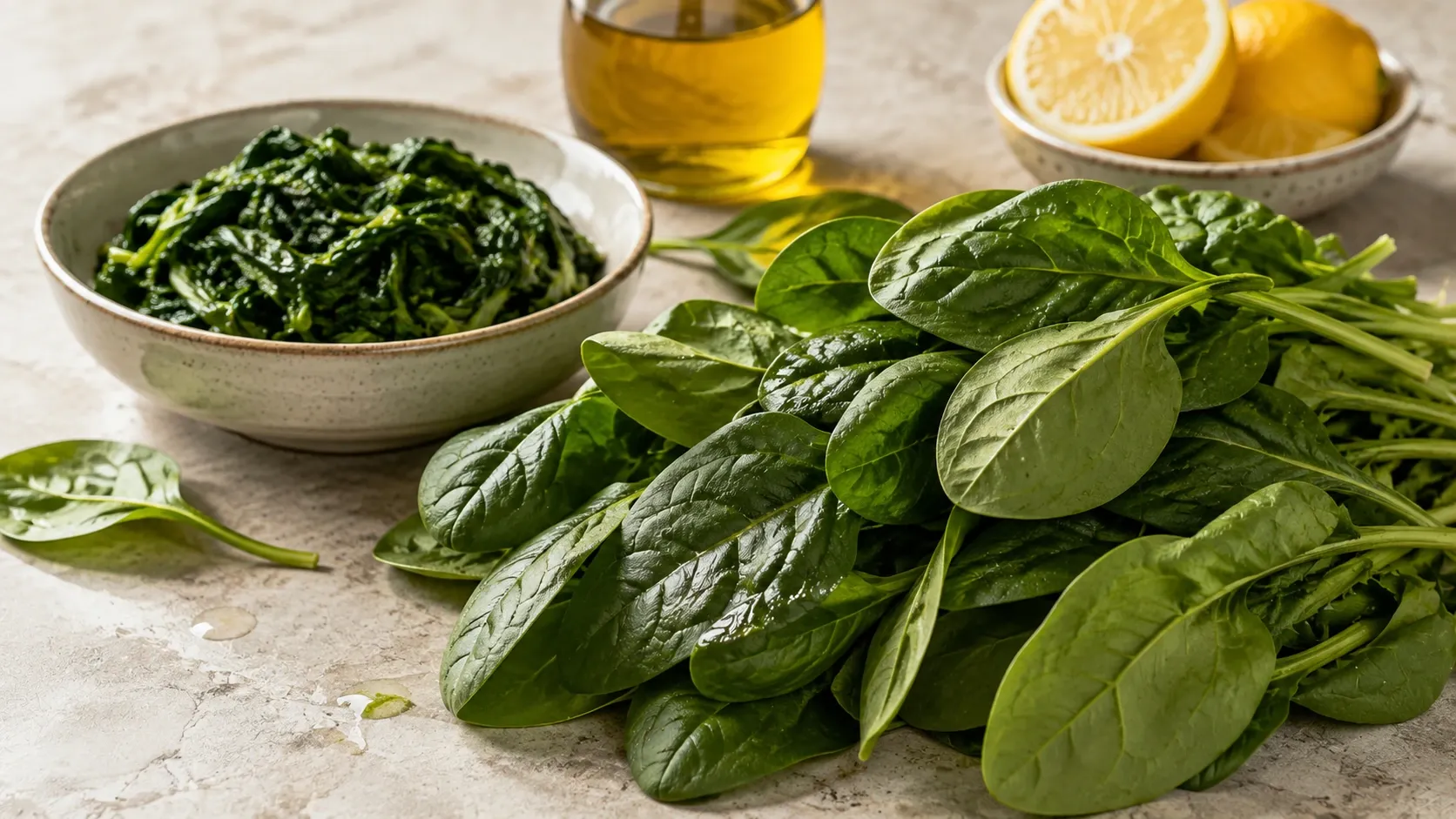 Folhas frescas de espinafre em uma composição culinária natural com espinafre cozido ao fundo.