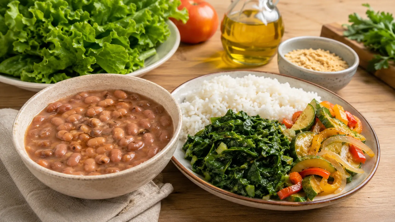 Prato brasileiro com arroz, feijão-carioca, verduras e legumes frescos servido sobre uma mesa clara.