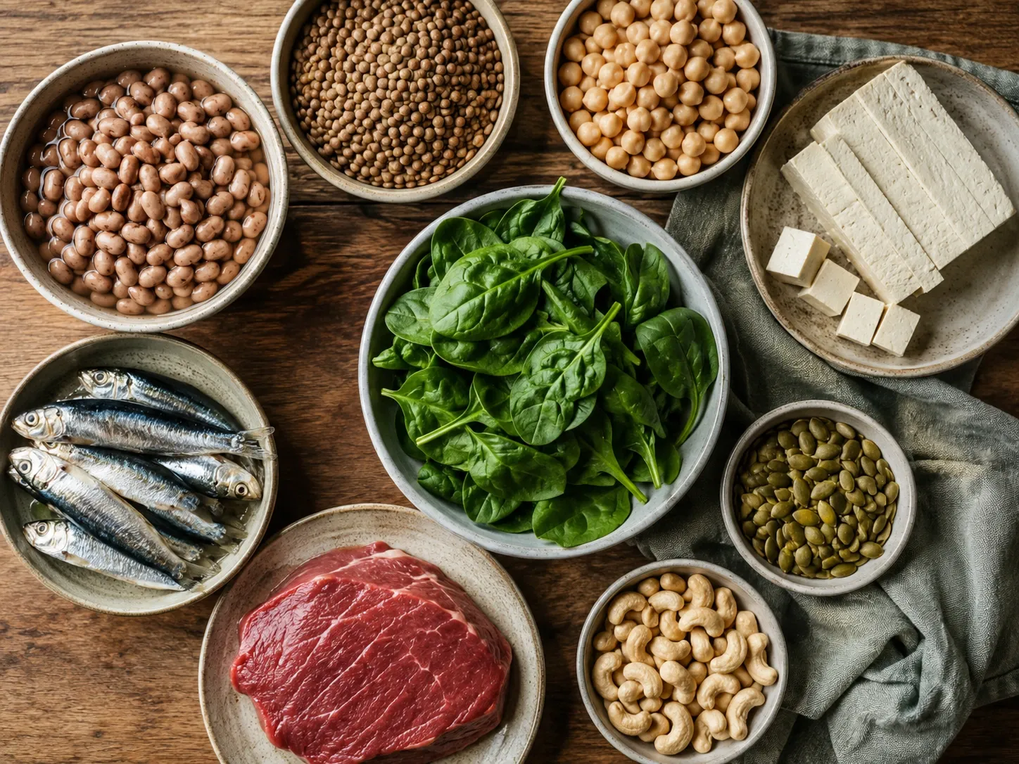 Vista superior de diferentes alimentos ricos em ferro sobre uma mesa.