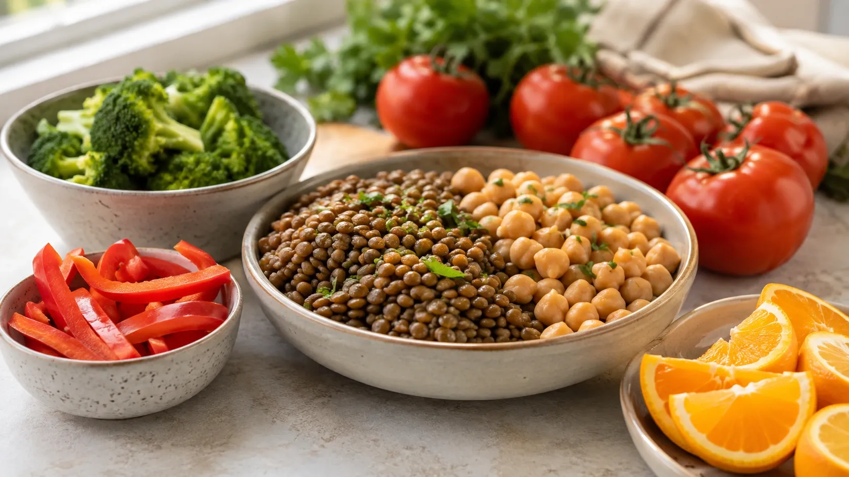 Refeição com lentilhas e grão-de-bico acompanhada de alimentos ricos em vitamina C.
