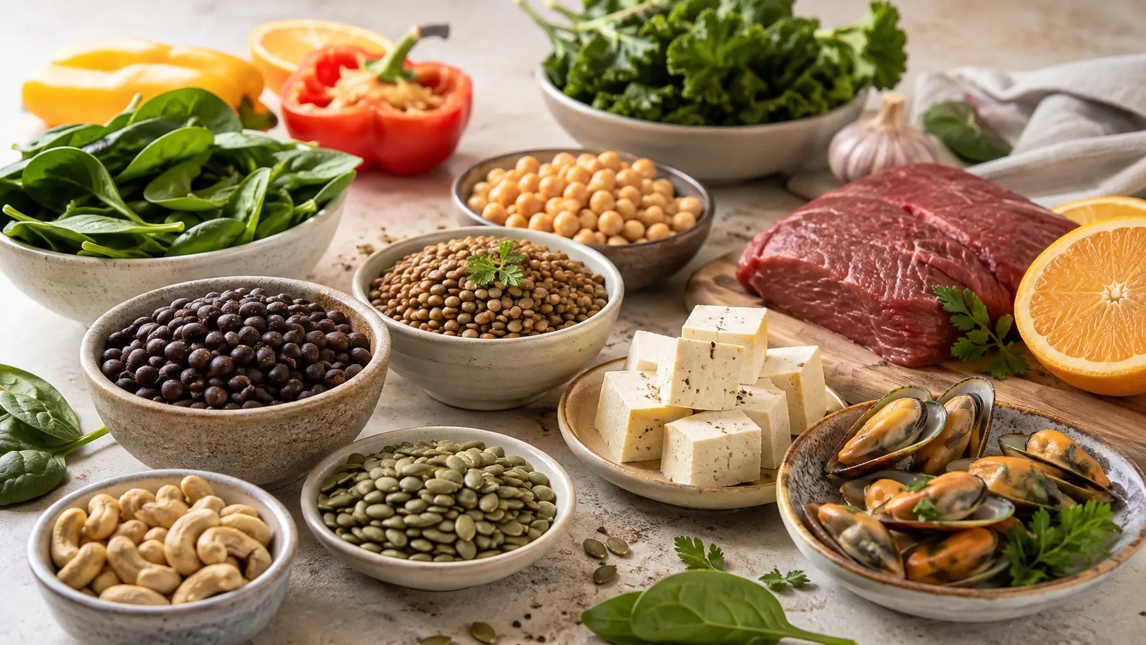Alimentos ricos em ferro, como leguminosas, folhas verdes, carne, sementes e frutos do mar, organizados sobre uma mesa.