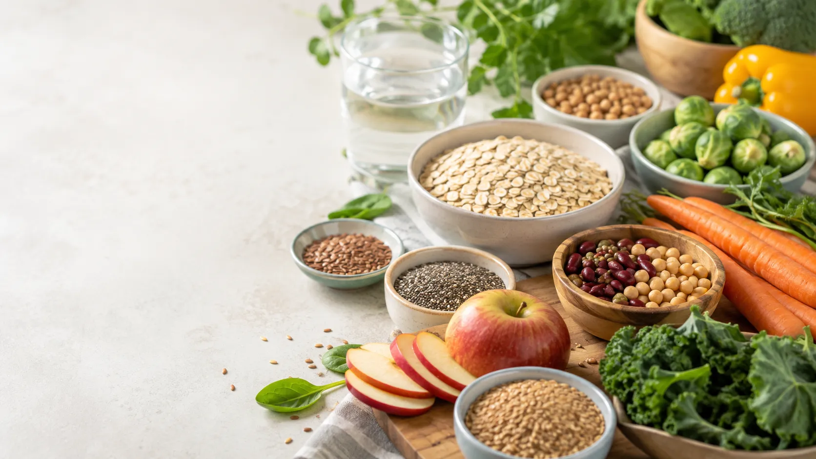 Alimentos ricos em fibras, como aveia, frutas, sementes, legumes e vegetais, organizados em uma composição saudável e natural.