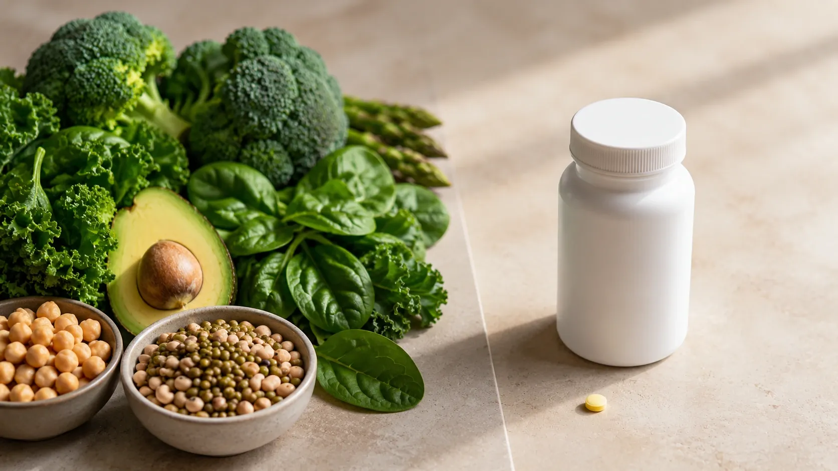 Seleção de folhas verdes, aspargos, leguminosas e frutas cítricas sobre uma mesa.