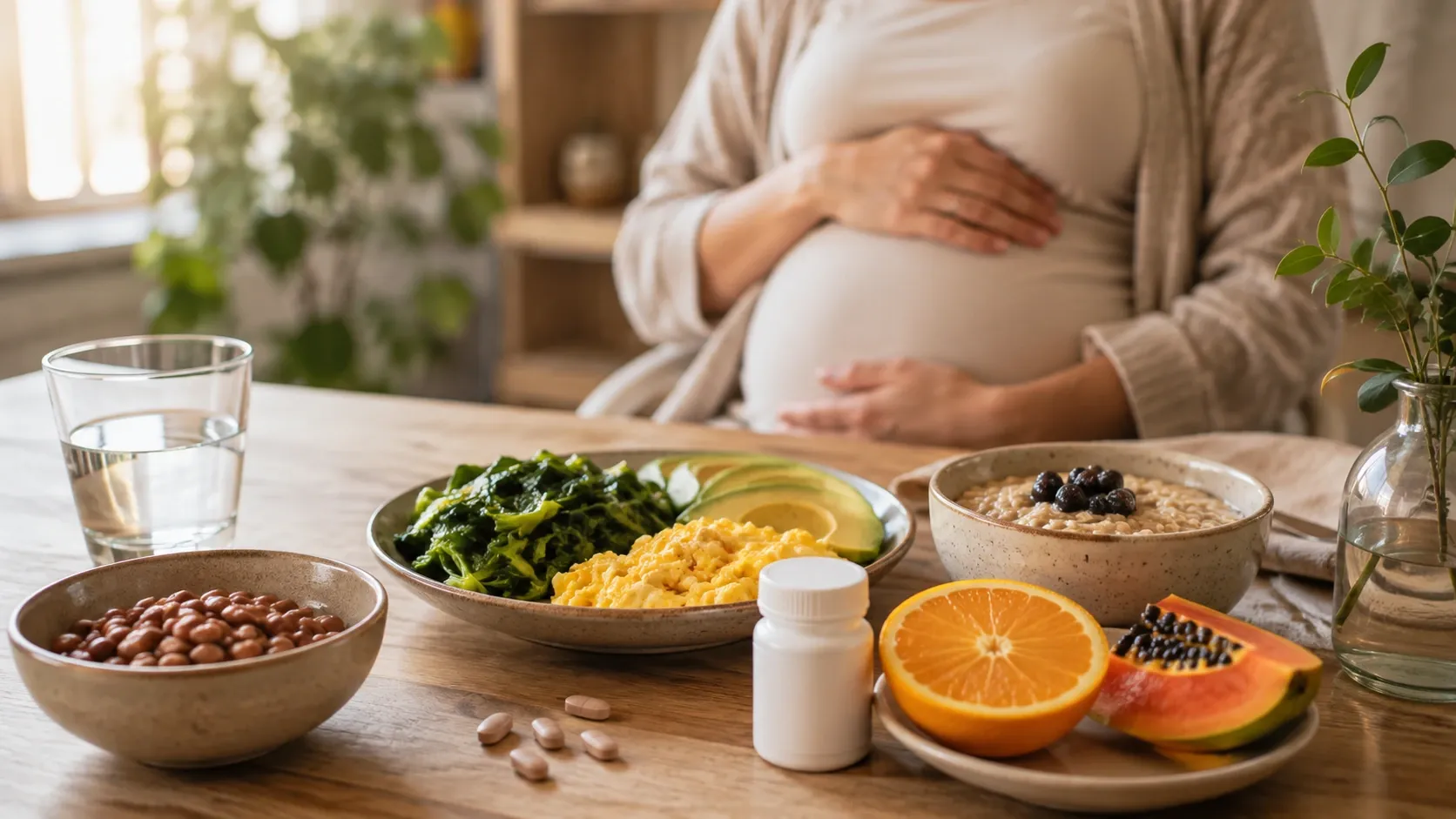 Alimentos naturalmente ricos em folato ao lado de um suplemento sem marca, representando as diferentes fontes de vitamina B9.