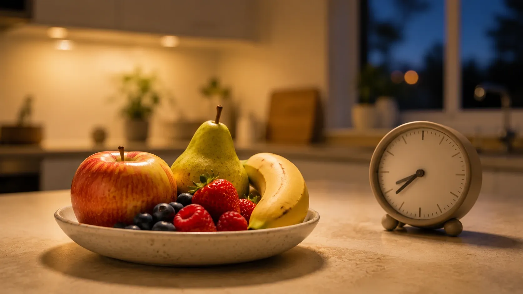 Frutas inteiras ao lado de um relógio, representando a dúvida sobre o horário de consumo.