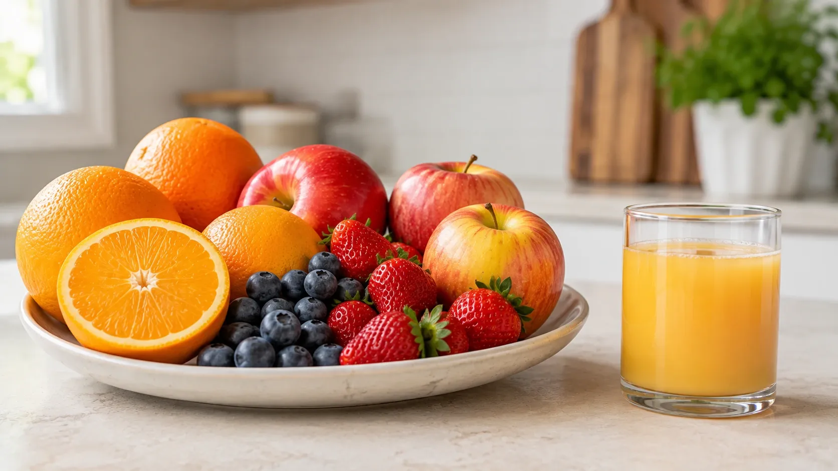 Frutas inteiras comparadas visualmente com um copo de suco de fruta.