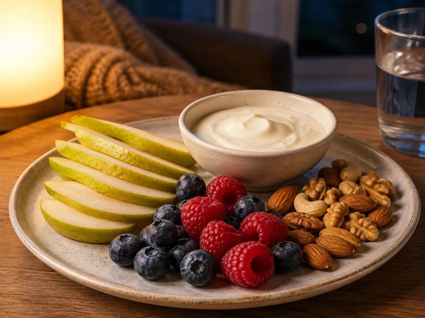 Lanche noturno com pera, frutas vermelhas, iogurte natural e oleaginosas.