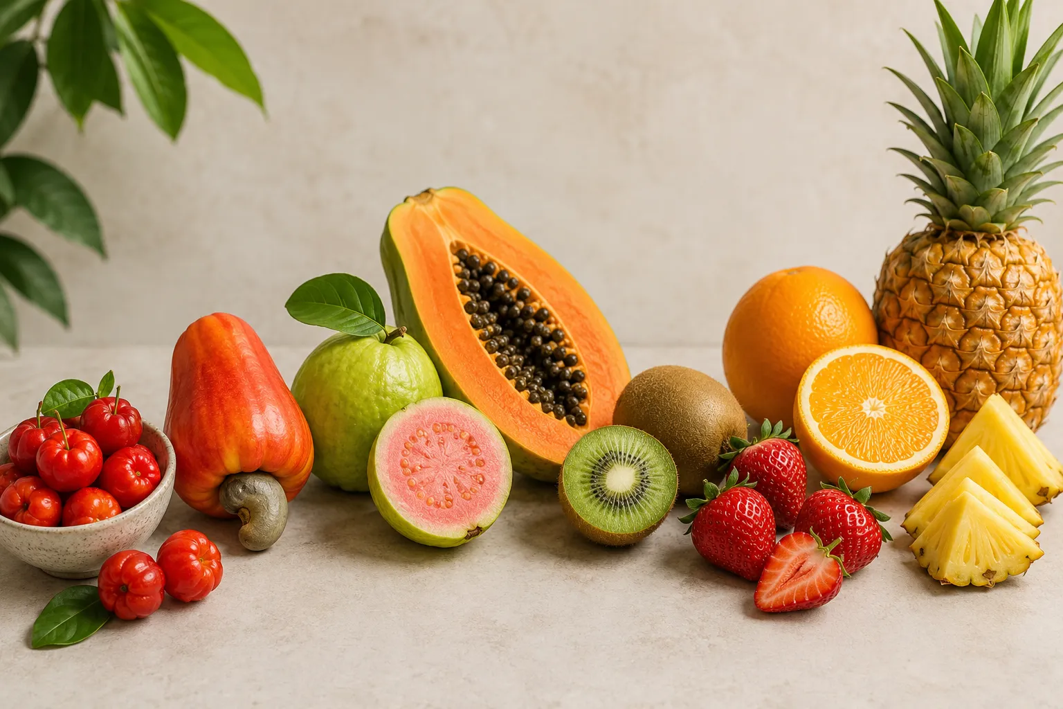 Seleção de frutas ricas em vitamina C, incluindo acerola, caju, goiaba, mamão, kiwi, morango, laranja e abacaxi. Seleção de frutas ricas em vitamina C, incluindo acerola, caju, goiaba, mamão, kiwi, morango, laranja e abacaxi.