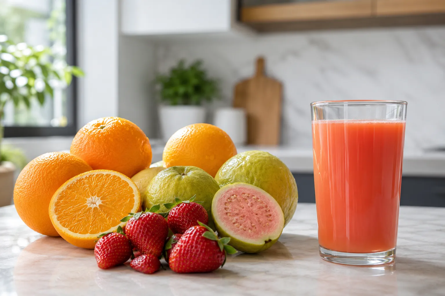 Frutas inteiras ao lado de um copo de suco natural em uma cozinha clara. Frutas inteiras ao lado de um copo de suco natural em uma cozinha clara.