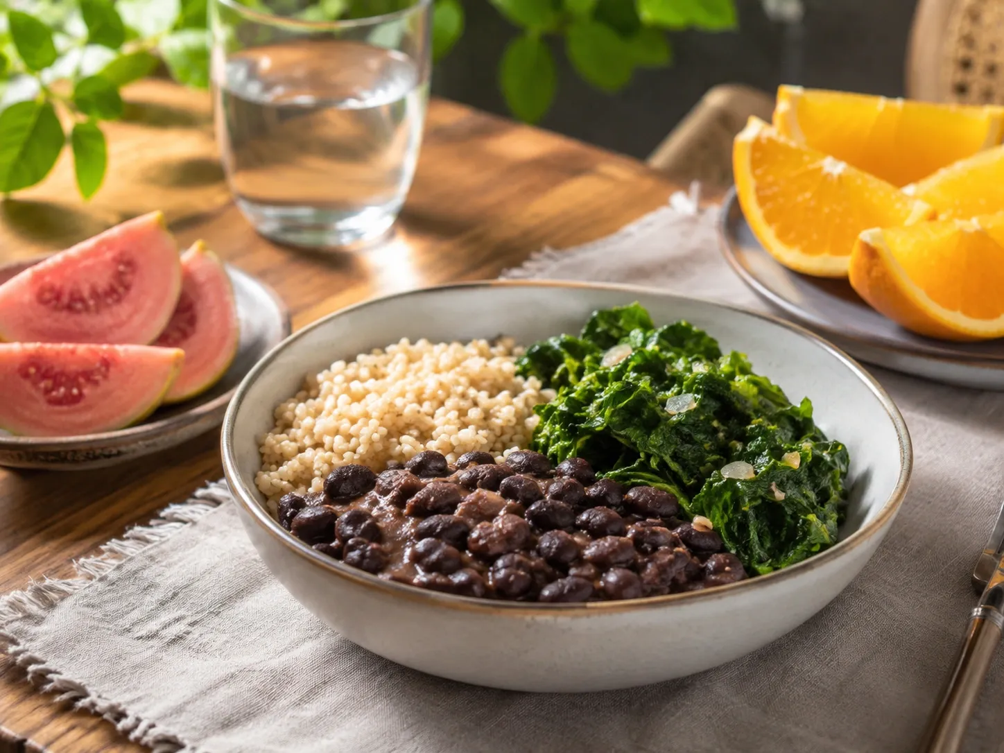 Refeição com feijão e vegetais acompanhada de goiaba e laranja frescas. Refeição com feijão e vegetais acompanhada de goiaba e laranja frescas.