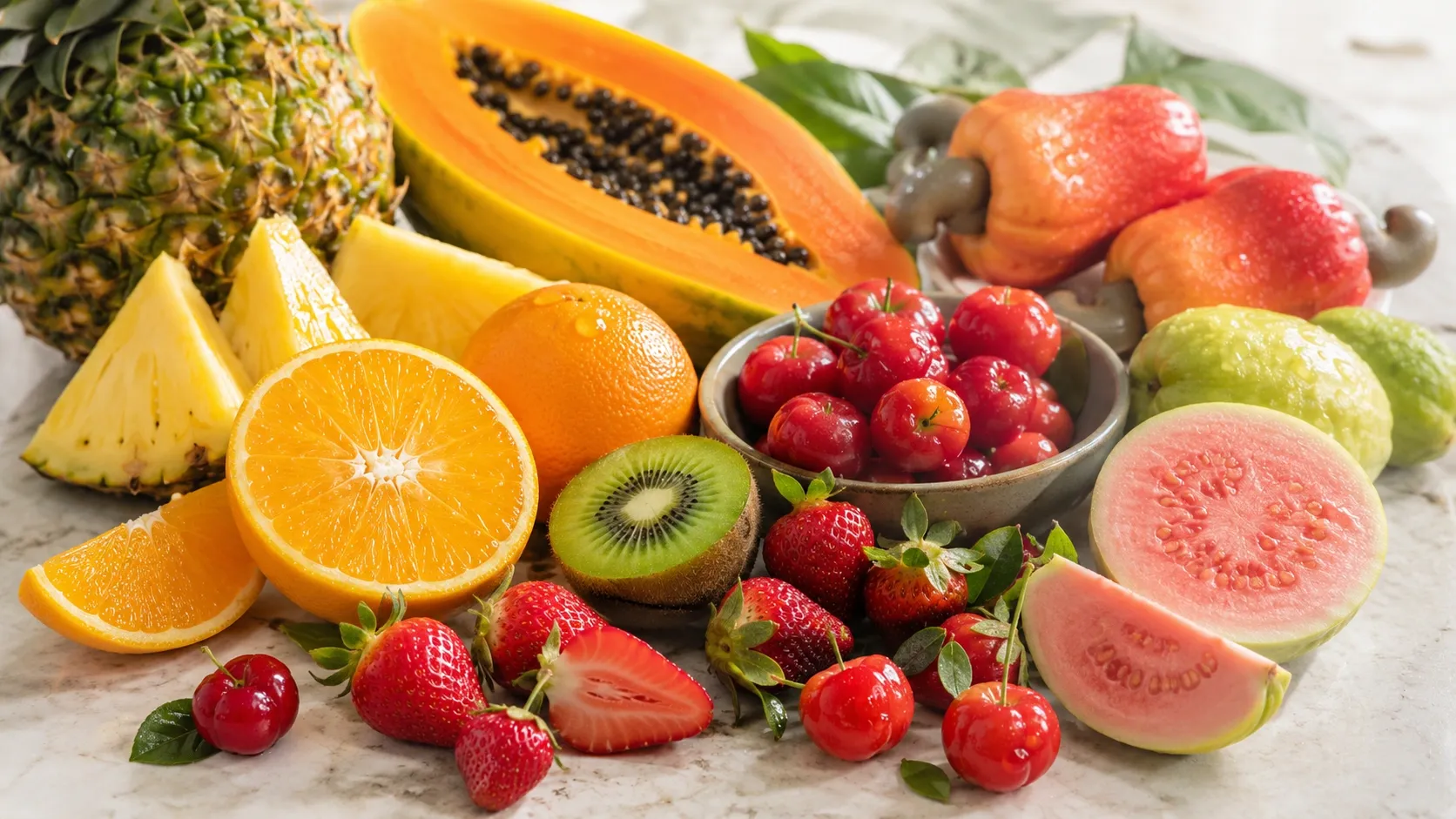Seleção colorida de acerola, caju, goiaba, kiwi, morango, laranja, mamão e abacaxi disposta sobre uma superfície clara.