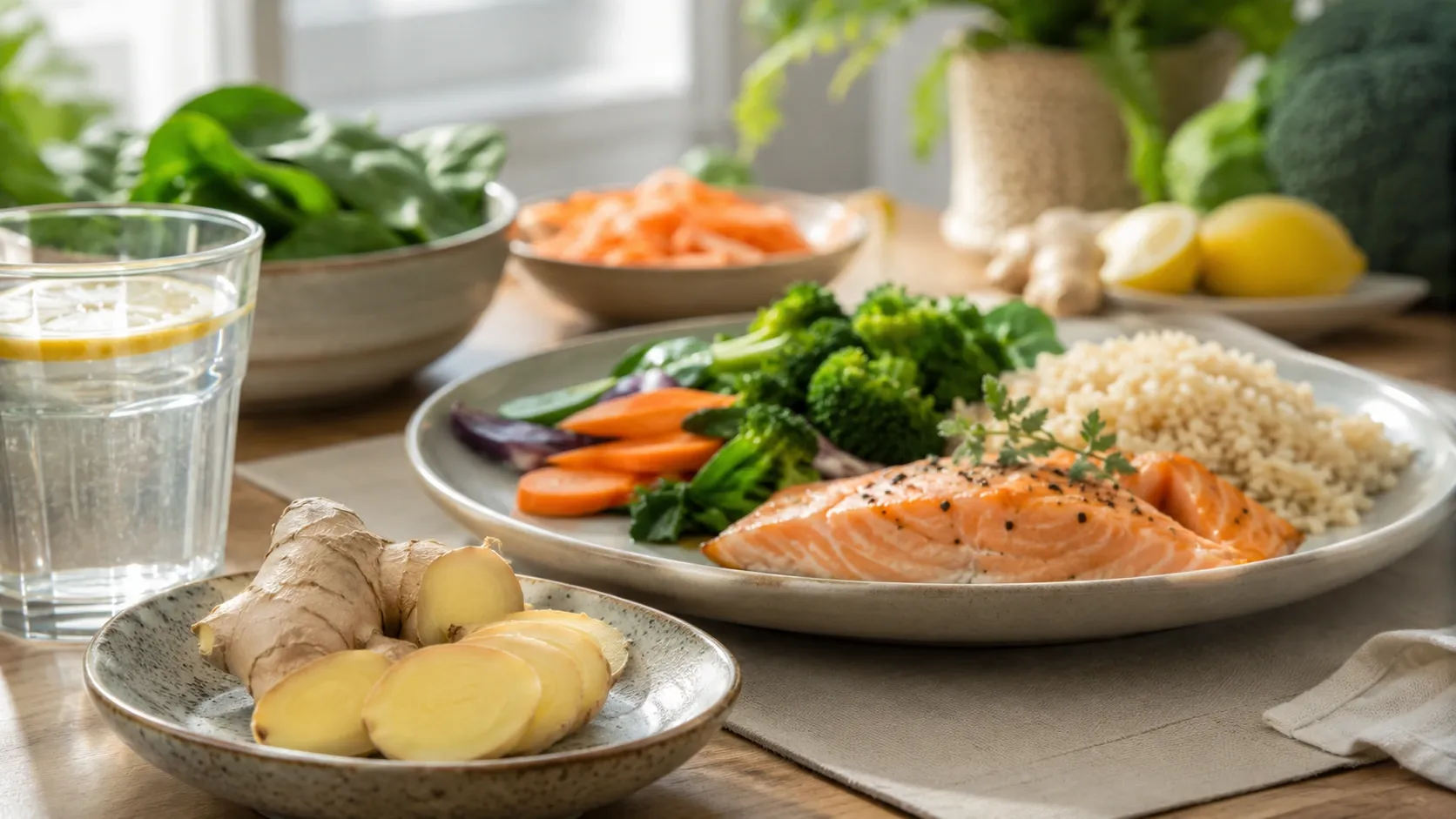 Gengibre fresco ao lado de uma refeição leve e alimentos naturais em uma composição sobre saúde digestiva.
