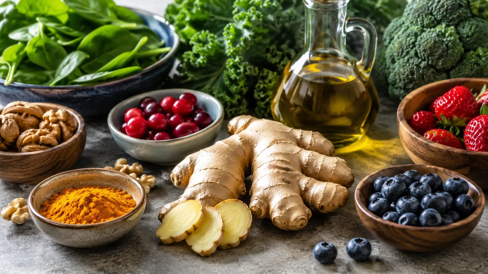 Gengibre, frutas, verduras e azeite representando um padrão alimentar rico em alimentos vegetais.