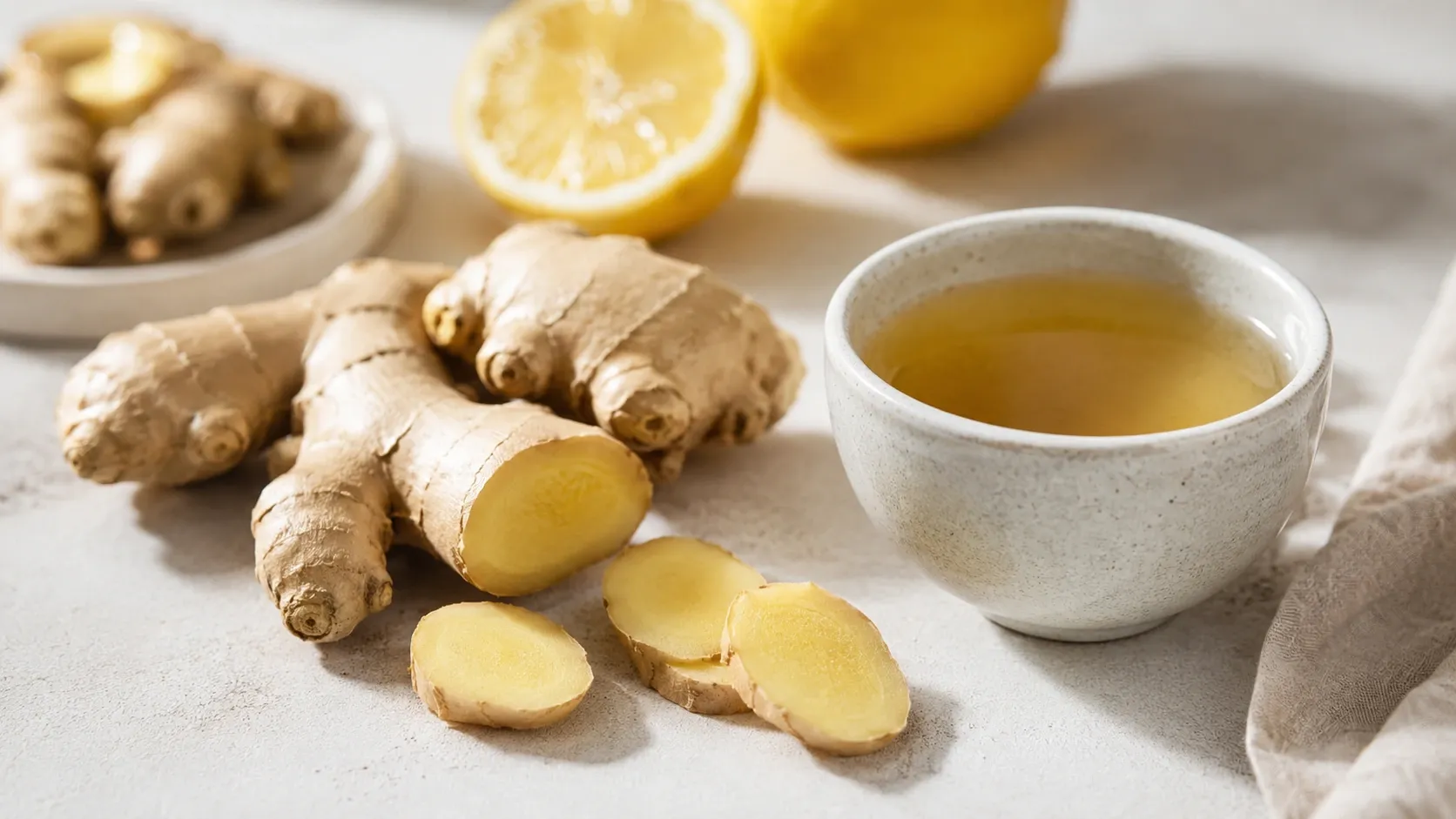 Rizomas frescos de gengibre ao lado de uma bebida quente e alimentos naturais em uma composição limpa.