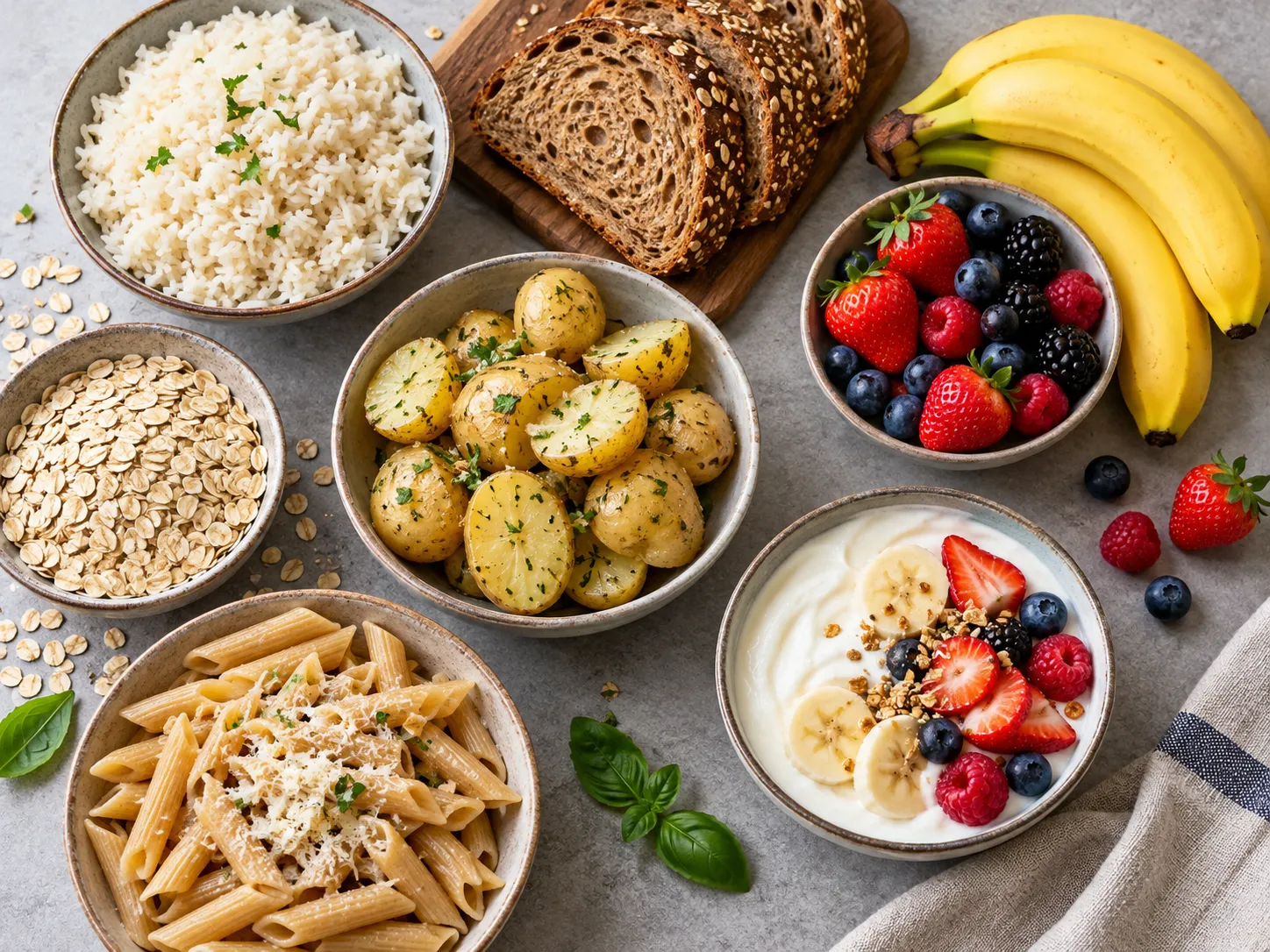 Seleção de arroz, batata, aveia, pães, massas, frutas e iogurte apresentada sobre uma mesa.