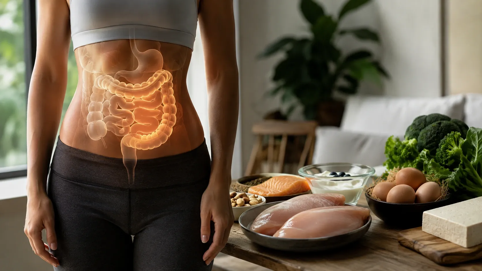 Representação editorial do sistema digestivo integrada ao corpo humano, acompanhada de alimentos nutritivos.