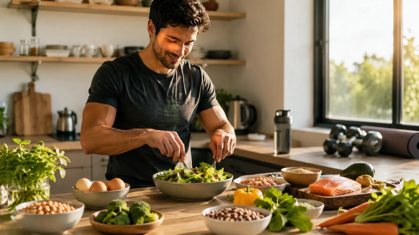 Pessoa preparando uma refeição equilibrada com alimentos variados em uma cozinha bem iluminada.