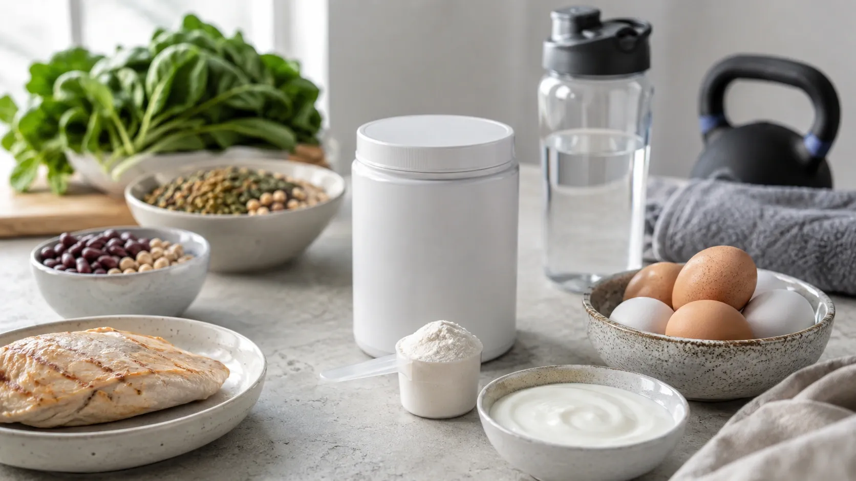 Pote sem marca com glutamina em pó ao lado de alimentos proteicos e acessórios de treino em uma composição editorial clara.