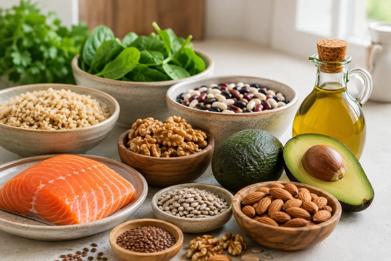 Azeite, abacate, castanhas, sementes, peixe, feijão e grãos integrais representam alternativas ricas em gorduras insaturadas e fibras.