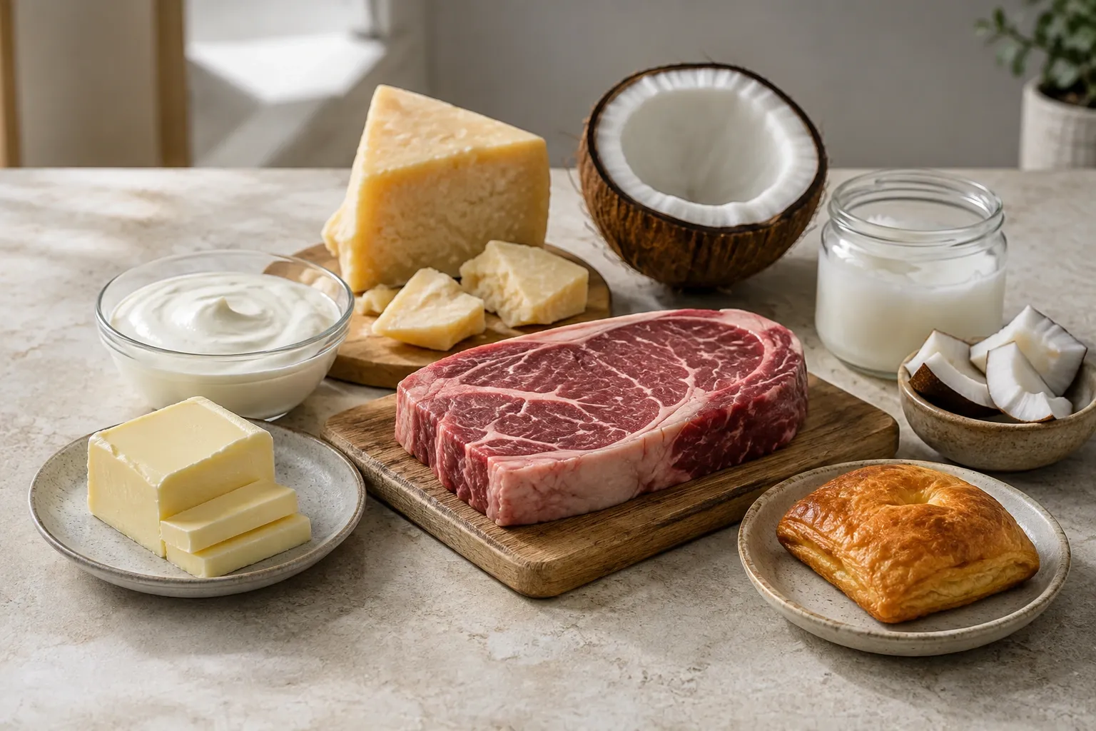 Manteiga, creme, queijo, carne gordurosa, coco e produto de confeitaria reunidos sobre uma bancada.