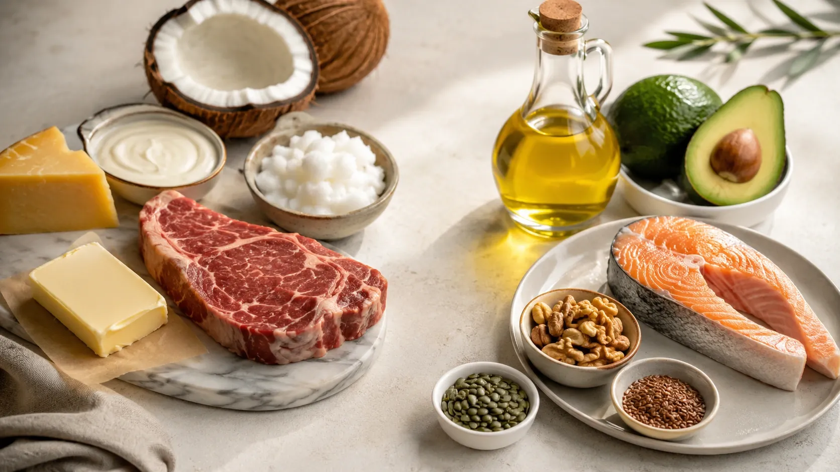 Alimentos fontes de gordura saturada e opções ricas em gorduras insaturadas organizados sobre uma mesa.