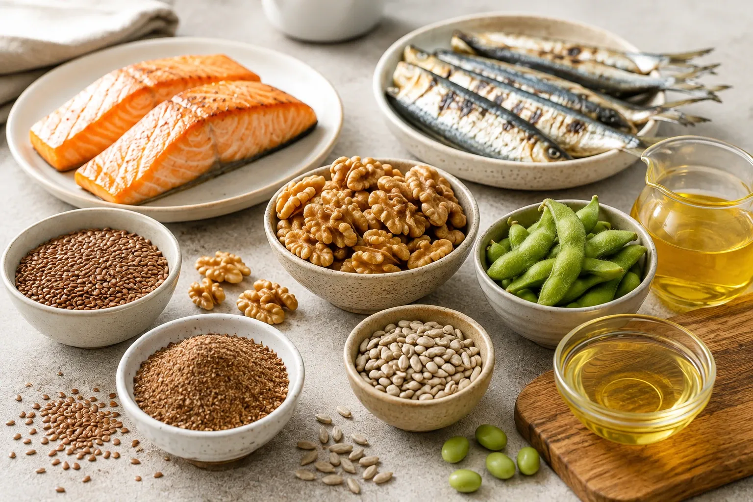 Peixe, linhaça, nozes, sementes e óleos vegetais representando diferentes fontes alimentares de ômega-3 e ômega-6.